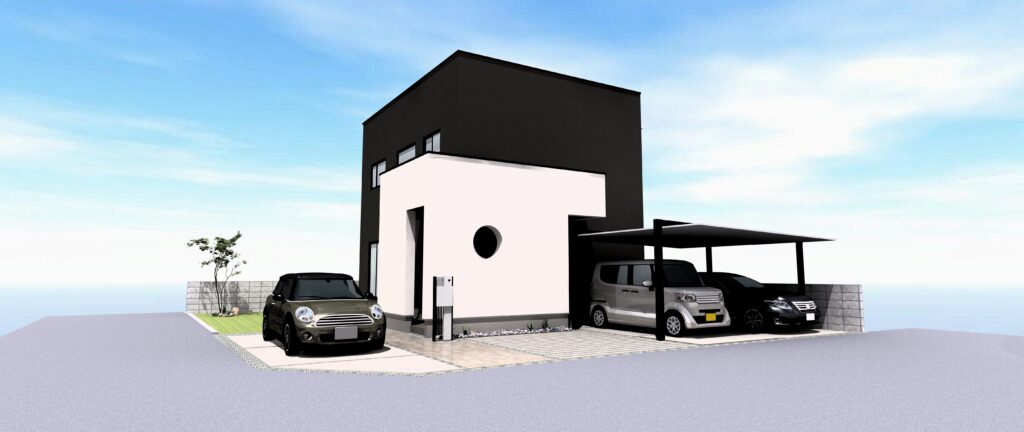 吹き抜けと光を愉しむ、モノトーンの四角いお家【Li-plus】　岡山市中区原尾島見学会外観イメージ